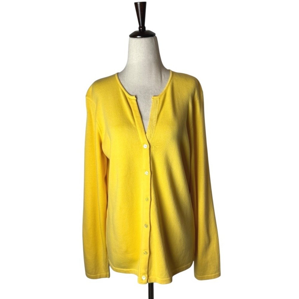 Foxcroft Sweater Women Large Yellow‎ Cotton Blend Knit Cardigan Preppy Classic